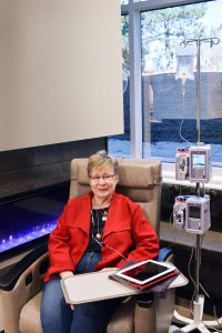 Carolyn Dahlager spends several hours a week at the Courtney Cox Cole Infusion Center where she receives magnesium infusion therapy to treat a health condition. Carolyn says she enjoys the comfortable homey environment during her treatments. 