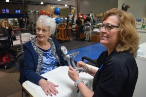 After her stroke in 2021, Pat Garcia (left) worked closely with speech language pathologist, Greta Schwarzkopf and occupational therapist, Lori Cain (right). 